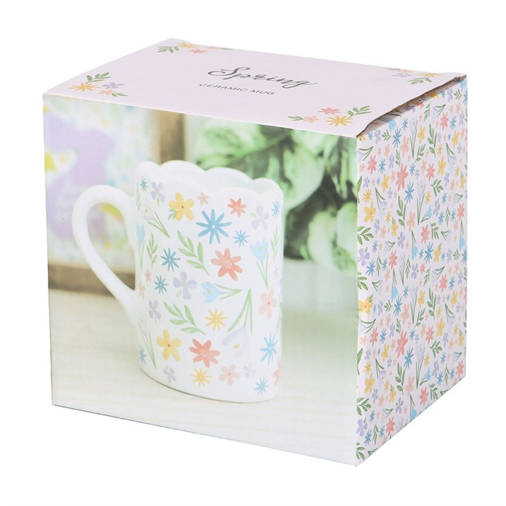 Floral-patterned mug in a decorative box with 'Spring' text